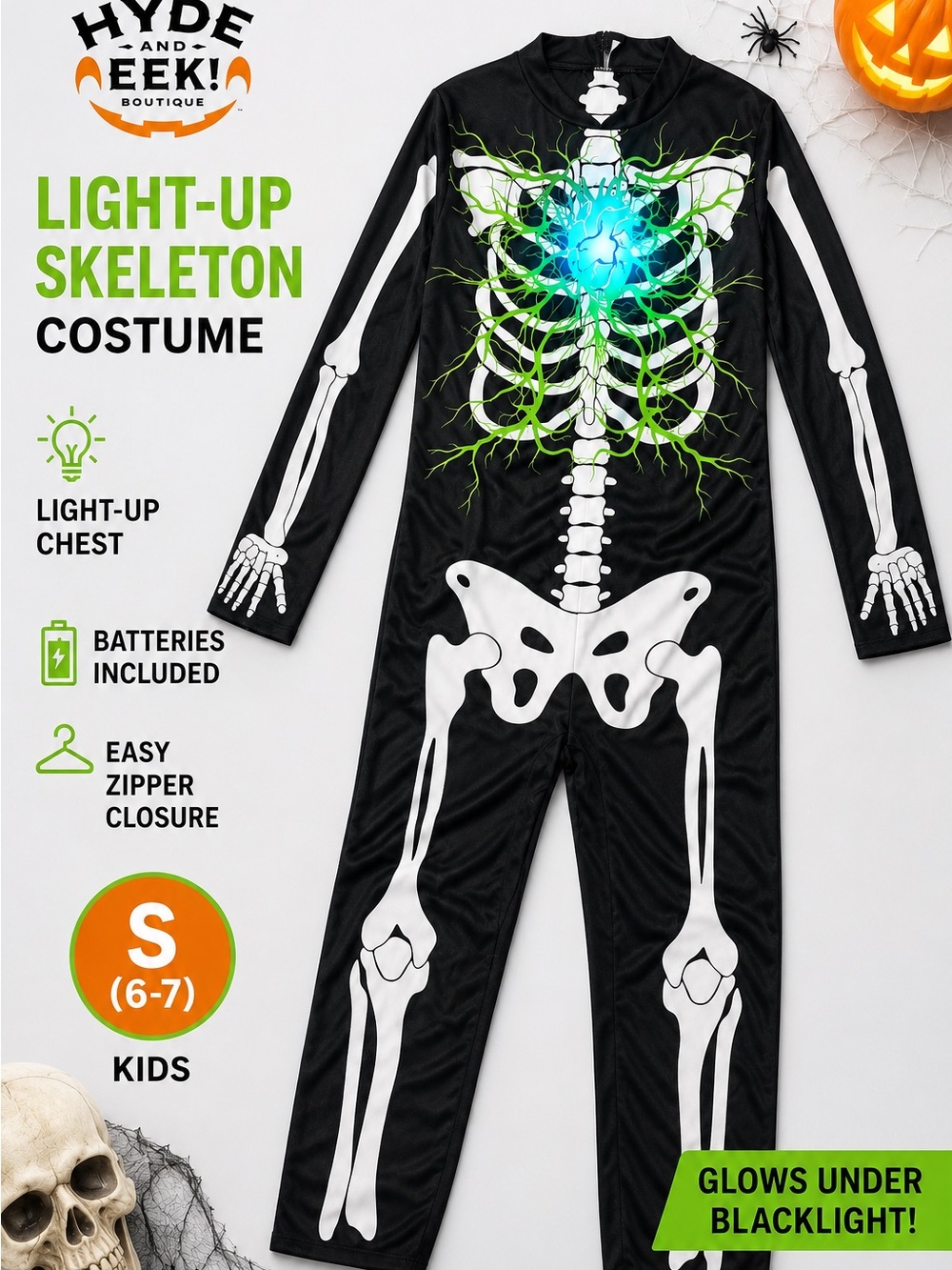 Hyde & EEK! Kids Black Light-Up Skeleton Costume with Glowing Chest (S 6-7)